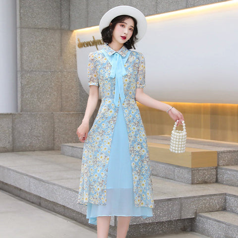 Summer Temperament Women Tea Time High Waist Polo Stand Collar Neck Bow Floral Sun Dress