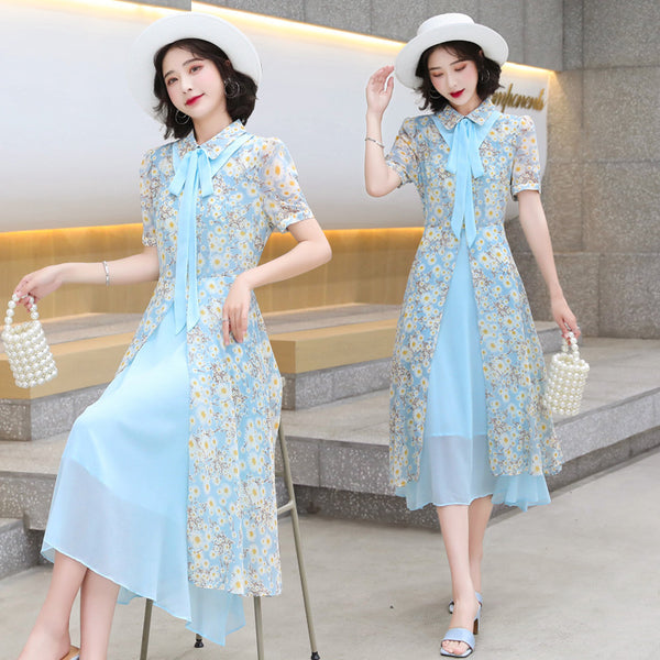Summer Temperament Women Tea Time High Waist Polo Stand Collar Neck Bow Floral Sun Dress
