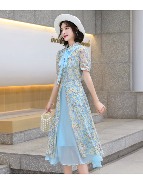 Summer Temperament Women Tea Time High Waist Polo Stand Collar Neck Bow Floral Sun Dress