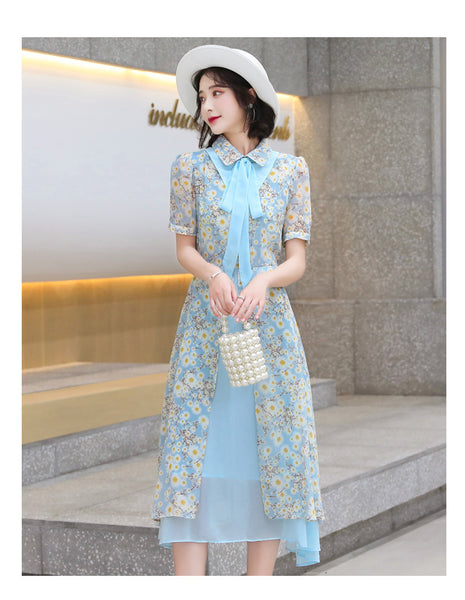 Summer Temperament Women Tea Time High Waist Polo Stand Collar Neck Bow Floral Sun Dress