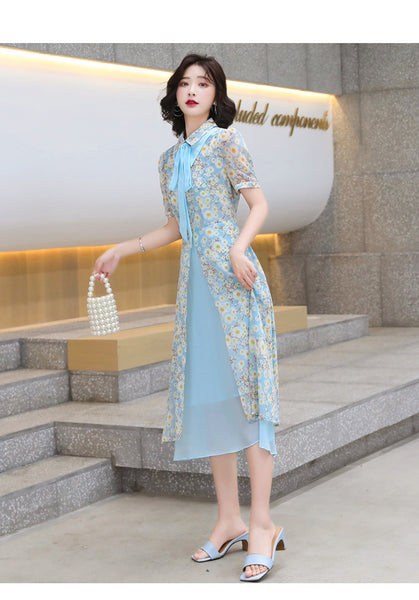 Summer Temperament Women Tea Time High Waist Polo Stand Collar Neck Bow Floral Sun Dress
