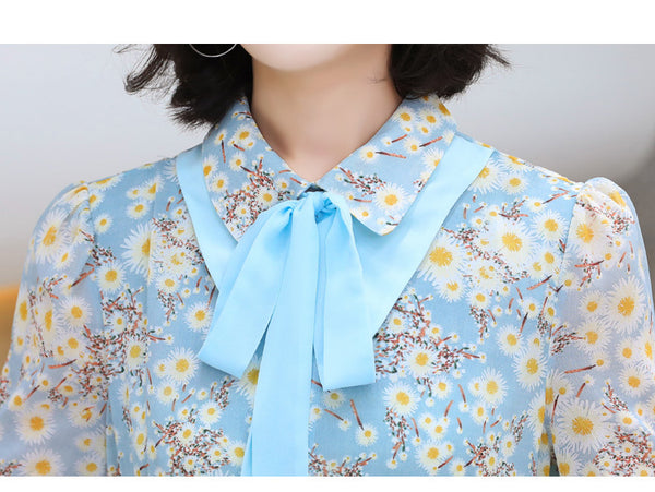 Summer Temperament Women Tea Time High Waist Polo Stand Collar Neck Bow Floral Sun Dress