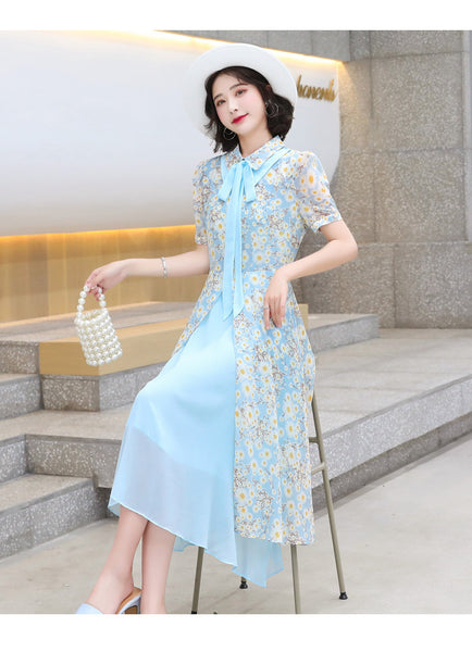 Summer Temperament Women Tea Time High Waist Polo Stand Collar Neck Bow Floral Sun Dress