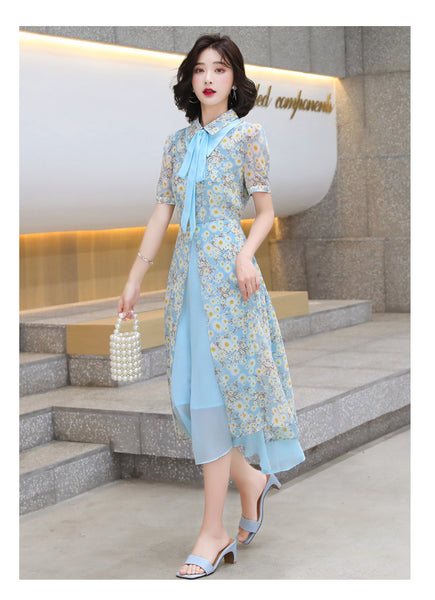 Summer Temperament Women Tea Time High Waist Polo Stand Collar Neck Bow Floral Sun Dress
