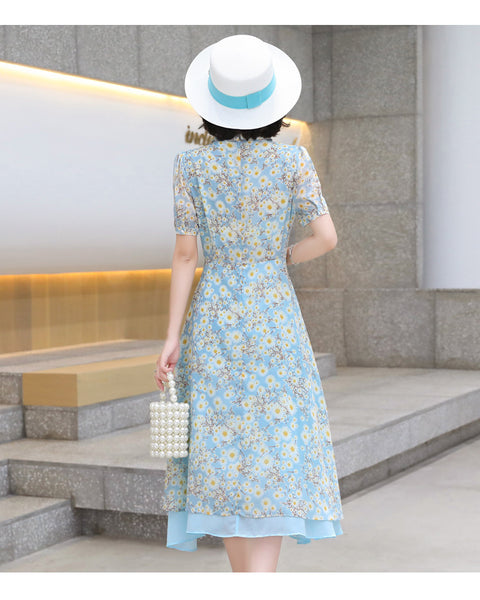Summer Temperament Women Tea Time High Waist Polo Stand Collar Neck Bow Floral Sun Dress