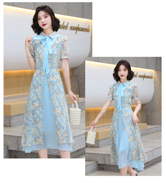 Summer Temperament Women Tea Time High Waist Polo Stand Collar Neck Bow Floral Sun Dress