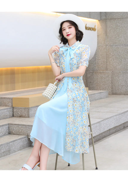 Summer Temperament Women Tea Time High Waist Polo Stand Collar Neck Bow Floral Sun Dress