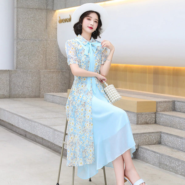 Summer Temperament Women Tea Time High Waist Polo Stand Collar Neck Bow Floral Sun Dress