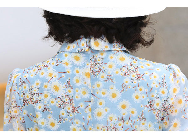 Summer Temperament Women Tea Time High Waist Polo Stand Collar Neck Bow Floral Sun Dress