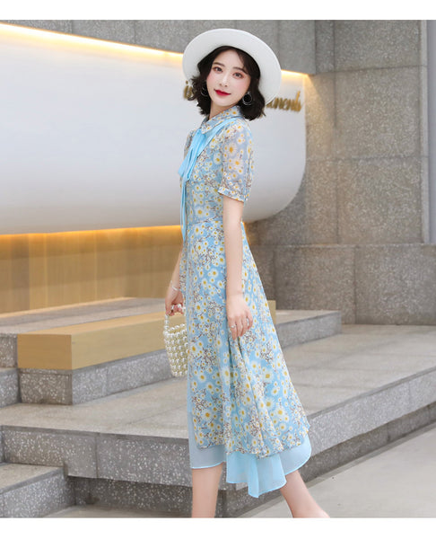 Summer Temperament Women Tea Time High Waist Polo Stand Collar Neck Bow Floral Sun Dress