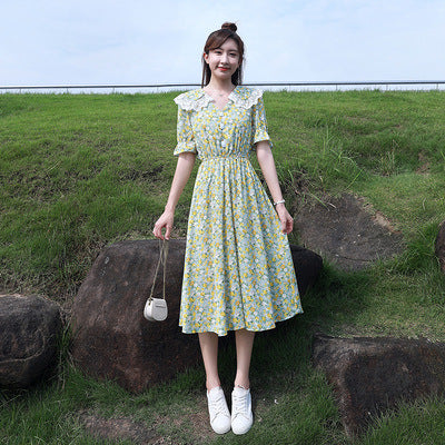 Summer Temperament Women Green V Neck Floral Printed Chiffon Sailor Shoulder Collar High Waist Sunny Day Tea Time Dress