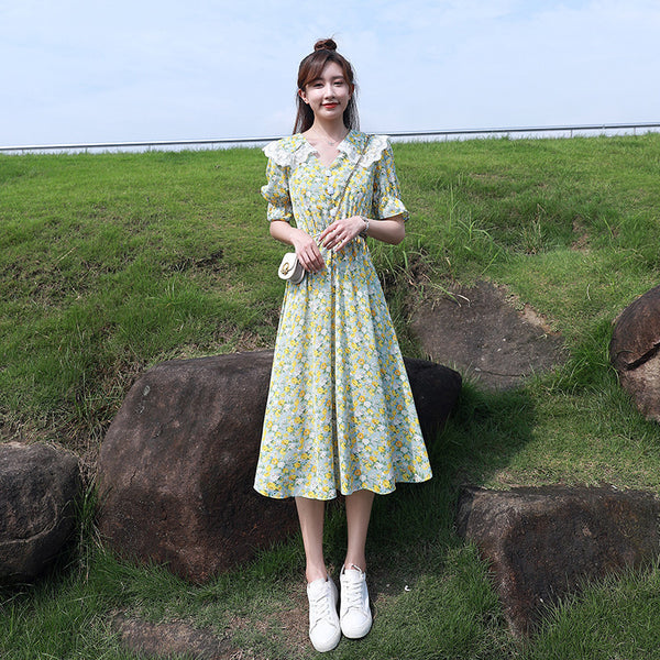 Summer Temperament Women Green V Neck Floral Printed Chiffon Sailor Shoulder Collar High Waist Sunny Day Tea Time Dress