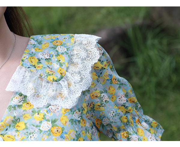 Summer Temperament Women Green V Neck Floral Printed Chiffon Sailor Shoulder Collar High Waist Sunny Day Tea Time Dress