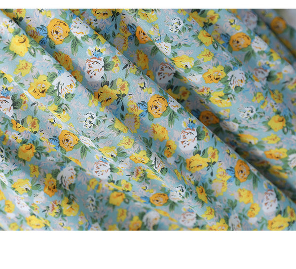 Summer Temperament Women Green V Neck Floral Printed Chiffon Sailor Shoulder Collar High Waist Sunny Day Tea Time Dress