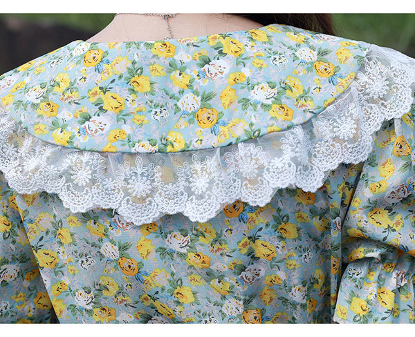 Summer Temperament Women Green V Neck Floral Printed Chiffon Sailor Shoulder Collar High Waist Sunny Day Tea Time Dress