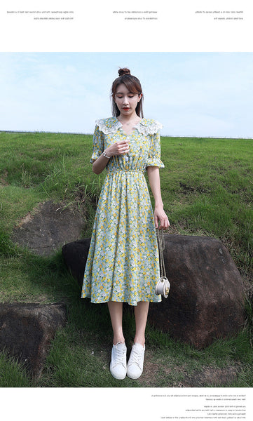 Summer Temperament Women Green V Neck Floral Printed Chiffon Sailor Shoulder Collar High Waist Sunny Day Tea Time Dress