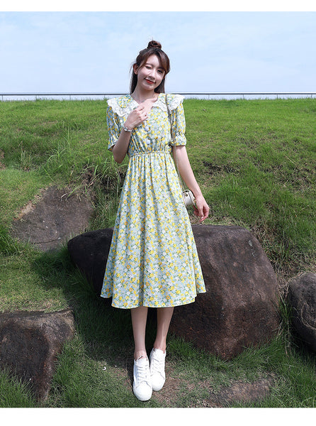 Summer Temperament Women Green V Neck Floral Printed Chiffon Sailor Shoulder Collar High Waist Sunny Day Tea Time Dress