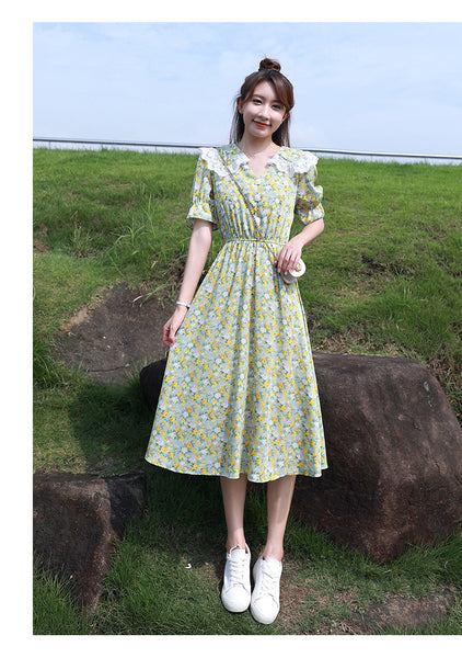 Summer Temperament Women Green V Neck Floral Printed Chiffon Sailor Shoulder Collar High Waist Sunny Day Tea Time Dress