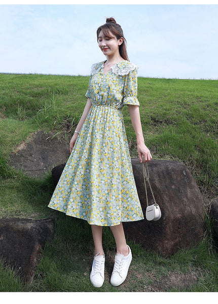Summer Temperament Women Green V Neck Floral Printed Chiffon Sailor Shoulder Collar High Waist Sunny Day Tea Time Dress