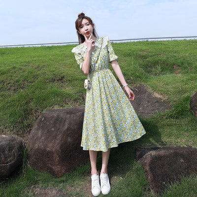 Summer Temperament Women Green V Neck Floral Printed Chiffon Sailor Shoulder Collar High Waist Sunny Day Tea Time Dress
