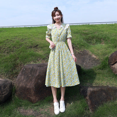 Summer Temperament Women Green V Neck Floral Printed Chiffon Sailor Shoulder Collar High Waist Sunny Day Tea Time Dress