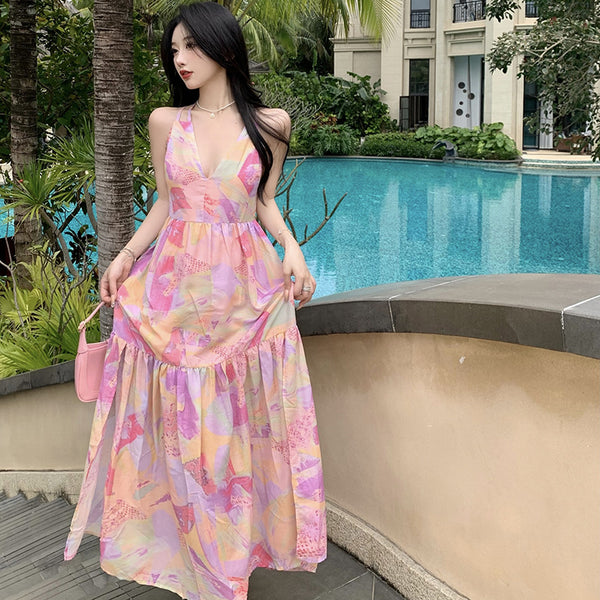 Summer Vacation Beach Seaside Sexy Women V-neck Backless Floral Printed Side Split Maxi Dress