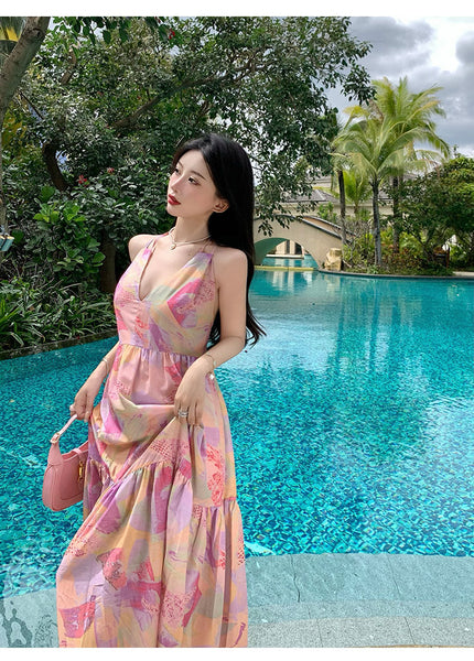 Summer Vacation Beach Seaside Sexy Women V-neck Backless Floral Printed Side Split Maxi Dress