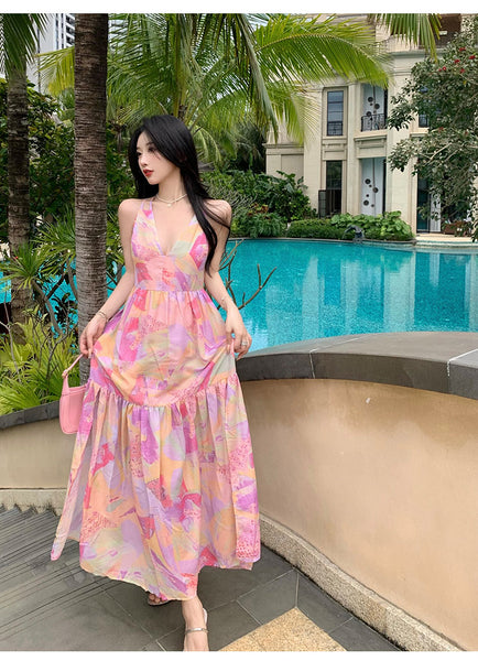 Summer Vacation Beach Seaside Sexy Women V-neck Backless Floral Printed Side Split Maxi Dress
