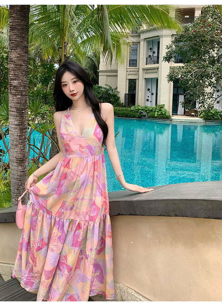 Summer Vacation Beach Seaside Sexy Women V-neck Backless Floral Printed Side Split Maxi Dress