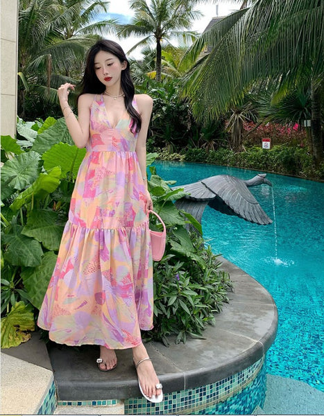 Summer Vacation Beach Seaside Sexy Women V-neck Backless Floral Printed Side Split Maxi Dress