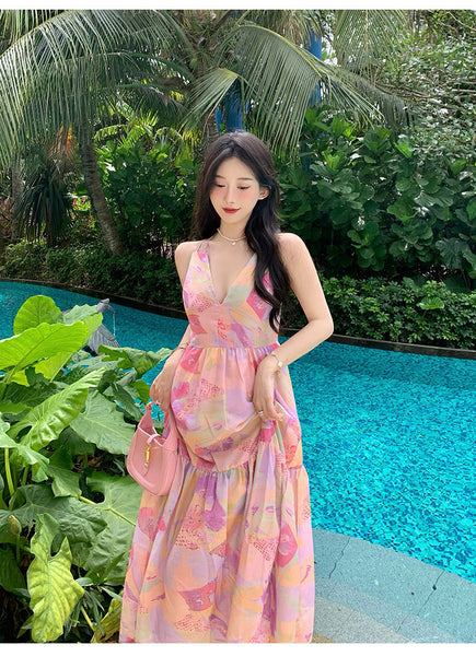 Summer Vacation Beach Seaside Sexy Women V-neck Backless Floral Printed Side Split Maxi Dress