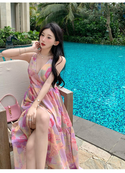 Summer Vacation Beach Seaside Sexy Women V-neck Backless Floral Printed Side Split Maxi Dress