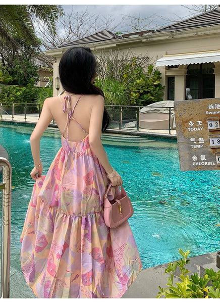 Summer Vacation Beach Seaside Sexy Women V-neck Backless Floral Printed Side Split Maxi Dress