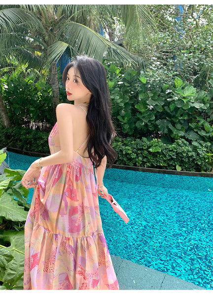 Summer Vacation Beach Seaside Sexy Women V-neck Backless Floral Printed Side Split Maxi Dress