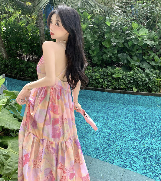 Summer Vacation Beach Seaside Sexy Women V-neck Backless Floral Printed Side Split Maxi Dress