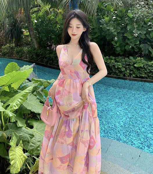 Summer Vacation Beach Seaside Sexy Women V-neck Backless Floral Printed Side Split Maxi Dress