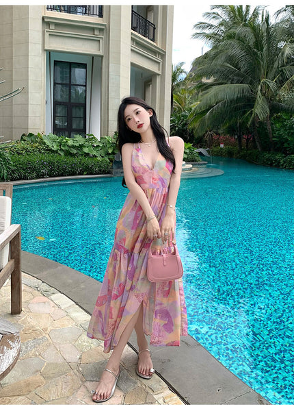 Summer Vacation Beach Seaside Sexy Women V-neck Backless Floral Printed Side Split Maxi Dress