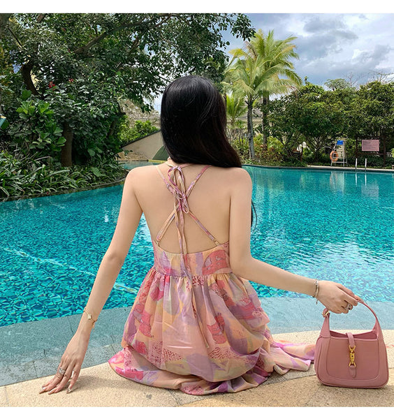 Summer Vacation Beach Seaside Sexy Women V-neck Backless Floral Printed Side Split Maxi Dress