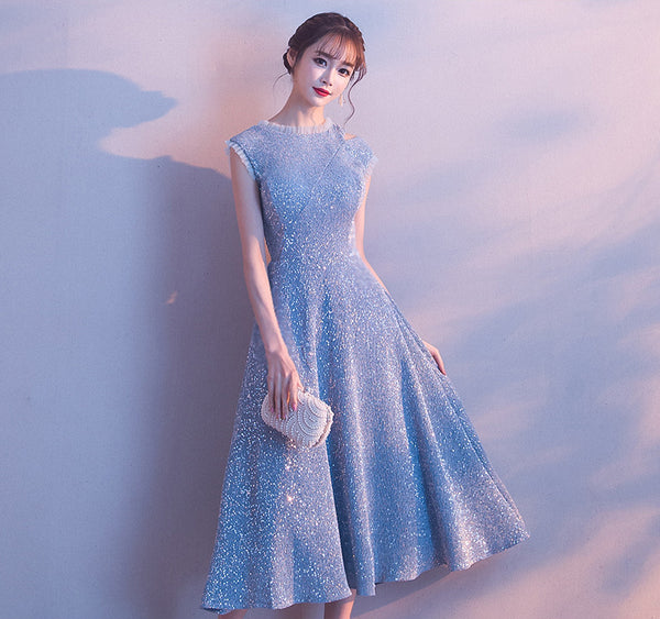 Temperament aura Beautiful Women Sky Blue Shining Formal Event Bride Prom Dinner Midi A Line Dress