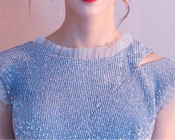 Temperament aura Beautiful Women Sky Blue Shining Formal Event Bride Prom Dinner Midi A Line Dress