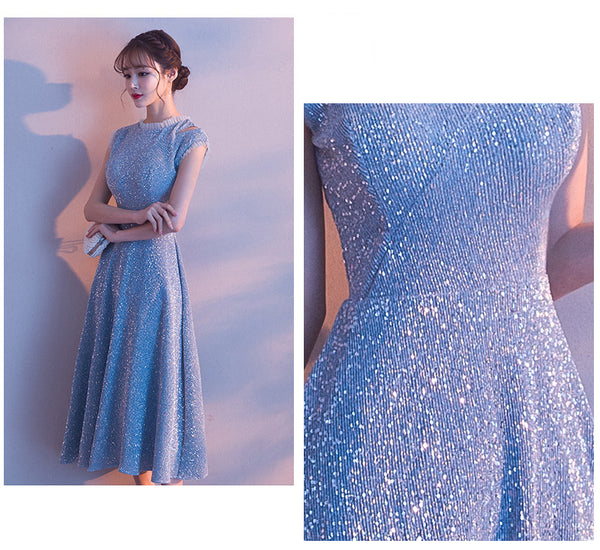 Temperament aura Beautiful Women Sky Blue Shining Formal Event Bride Prom Dinner Midi A Line Dress