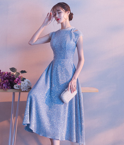Temperament aura Beautiful Women Sky Blue Shining Formal Event Bride Prom Dinner Midi A Line Dress