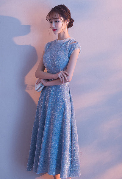 Temperament aura Beautiful Women Sky Blue Shining Formal Event Bride Prom Dinner Midi A Line Dress