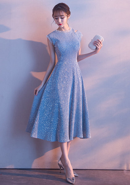 Temperament aura Beautiful Women Sky Blue Shining Formal Event Bride Prom Dinner Midi A Line Dress