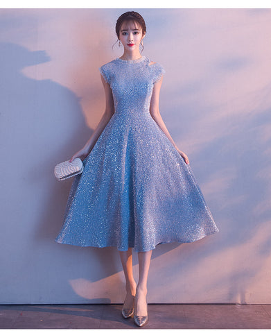 Temperament aura Beautiful Women Sky Blue Shining Formal Event Bride Prom Dinner Midi A Line Dress