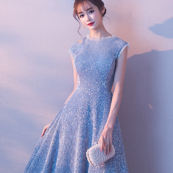 Temperament aura Beautiful Women Sky Blue Shining Formal Event Bride Prom Dinner Midi A Line Dress
