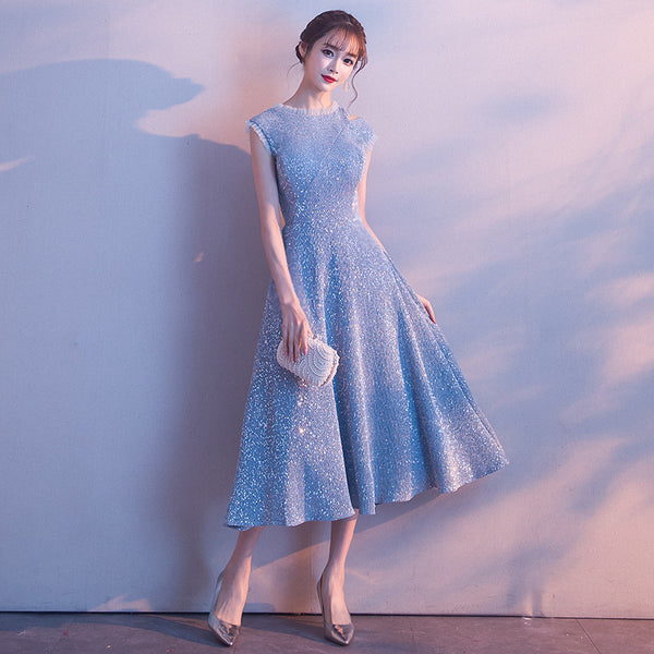 Temperament aura Beautiful Women Sky Blue Shining Formal Event Bride Prom Dinner Midi A Line Dress