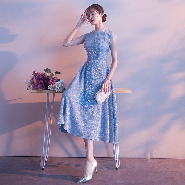Temperament aura Beautiful Women Sky Blue Shining Formal Event Bride Prom Dinner Midi A Line Dress