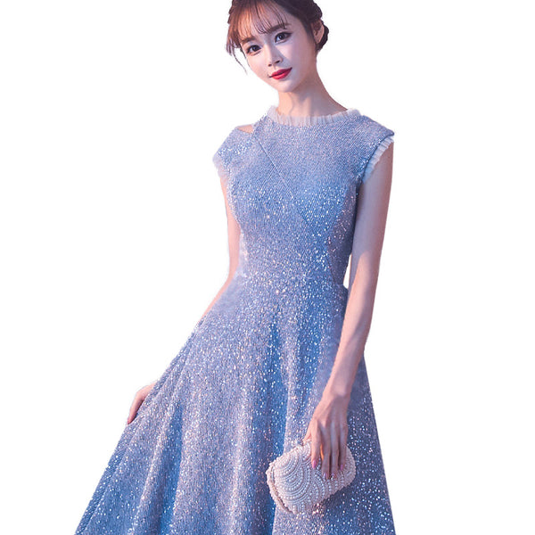 Temperament aura Beautiful Women Sky Blue Shining Formal Event Bride Prom Dinner Midi A Line Dress