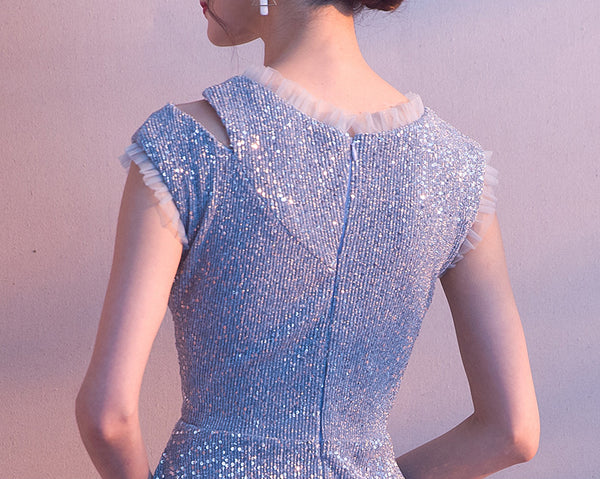 Temperament aura Beautiful Women Sky Blue Shining Formal Event Bride Prom Dinner Midi A Line Dress